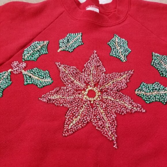 ✅Vintage Fruit Of The Loom Christmas Ugly Sweatshirt W/Sequined Pointsettia Sz L - Picture 3 of 14